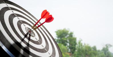red dart on target with sky and tree background photo