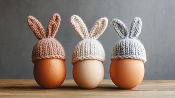 Three eggs with knitted rabbit hats. Easter concept. photo