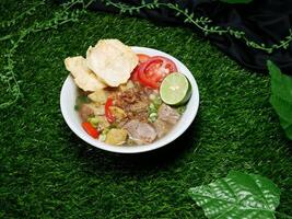 Beef Soup with clear broth with Beef slices, fried Potatoes, red Tomatoes, Crackers, and Vegetables. Served in a white bowl on green synthetic grass with green leaves decorative photo