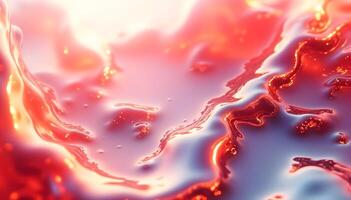 A glossy liquid surface shimmering with pink and red hues. Light sparkles reflect, evoking warmth and passion. The abstract pattern resembles the magical interplay of fire and water. High quality 3d illustration photo