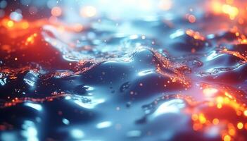 A glossy liquid surface with shimmering orange and blue lights creates an atmosphere of futurism and energy. Wave-like textures, glowing particles, and smooth color transitions add depth, motion, and elegance. High quality 3d illustration photo