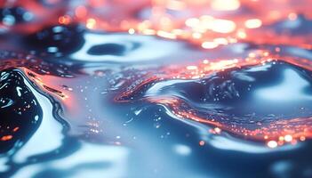 A glossy liquid surface shimmering with pink and red hues. Light sparkles reflect, evoking warmth and passion. The abstract pattern resembles the magical interplay of fire and water. High quality 3d illustration photo