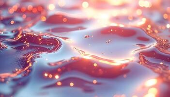 A glossy liquid surface shimmering with pink and red hues. Light sparkles reflect, evoking warmth and passion. The abstract pattern resembles the magical interplay of fire and water. High quality 3d illustration photo