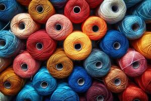 Threads sewing cotton knitting tailors colored background in a row for needlework woolen. photo