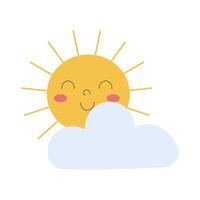 A cartoon sun with a big smile on its face is looking at a fluffy white cloud. The sun is positioned above the cloud, and it is enjoying the view. The scene is cheerful and lighthearted vector