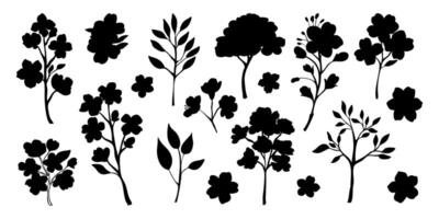 A variety of black and white drawings of trees and flowers. The trees are depicted in different sizes and shapes, with some appearing to be tall and slender, while others are short and stout vector