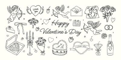 A black and white drawing of Valentine's Day with many different symbols and images. The drawing is of a woman and a man holding hands, and there are many other symbols of love and romance vector