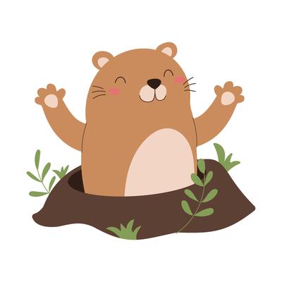 A cartoon bear is standing in a hole with leaves and grass around it. The bear is smiling and he is happy