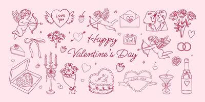 A pink background with various Valentine's Day themed images, such as hearts, flowers, and romantic scenes. The images are scattered throughout the background, creating a visually appealing vector