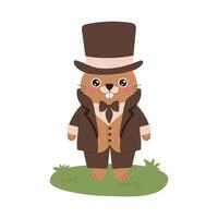 A cartoon groundhog character wearing a top hat and a suit. The character is smiling and has a cute expression vector