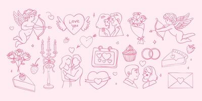 A pink background with a lot of different drawings of people and objects. The drawings include a man and woman hugging, a man and woman kissing, a man and woman holding hands, a man and woman kissing vector
