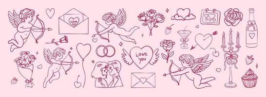 A pink background with a lot of drawings of angels and hearts. The drawings include a couple kissing, a man with a bow and arrow, and a woman with a cupcake. Scene is romantic and playful vector