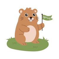 A cartoon groundhog holding a flag that says Spring. The animal is smiling and he is happy vector