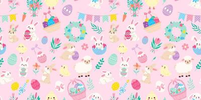 A colorful Easter pattern with many different animals and eggs. The pattern is pink and has a playful, whimsical feel to it vector
