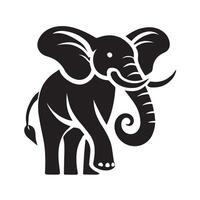 black and white silhouette of an elephant, depicted in a walking posture, against a backdrop of stylized grass. vector