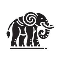 This image showcases a stylized, black and white silhouette of an elephant adorned with intricate paisley and floral patterns. vector