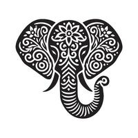 A stylized, black and white graphic of an elephant, decorated with floral and paisley-like patterns. vector