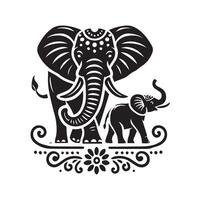 black and white illustration of an elephant adorned with intricate Indian-inspired patterns and floral mandala-style decorations. vector