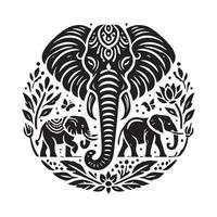A bold black and white silhouette of an elephant, adorned with intricate mandala patterns. vector