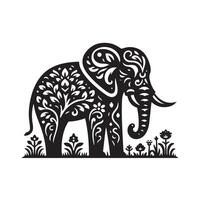A stylized, black and white graphic of an elephant's head, adorned with intricate, floral and paisley-like patterns in a mandala style. vector