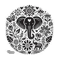 A bold, black and white woodcut-style illustration of an elephant. vector