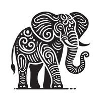 A stylized, black and white line art illustration of an elephant against a backdrop of a stylized sunrise sunset scene. vector