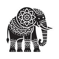 This stylized black and white image depicts an intricately decorated elephant, showcasing elaborate henna-inspired patterns and motifs. vector