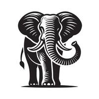 black and white silhouette of an elephant, showcasing intricate details of the trunk, tusks, and body. vector