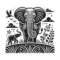 Black and white elephant illustration in a nature setting. vector