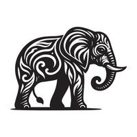 A stylized, black and white graphic of an elephant, intricately decorated with floral and paisley patterns. vector