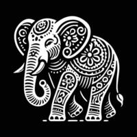 A stylized, black and white illustration of an elephant adorned with intricate floral and paisley-like patterns. vector