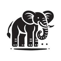 black and white silhouette of an elephant, adorned with intricate Thai-inspired patterns and a lotus flower, set against a backdrop of a cityscae featuring Thai temples and pagodas along a waterway. vector