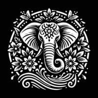 A stylized, black and white illustration of an elephant, decorated with intricate Indian-inspired patterns and henna-like details. vector