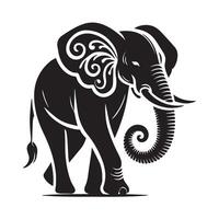 A bold, black and white silhouette of an elephant, showcasing intricate details of the trunk, tusks, and body. vector