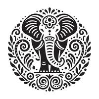A captivating black and white illustration of an elephant, intricately adorned with mandala-style patterns. vector