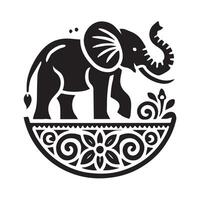 black and white illustration of an elephant, adorned with intricate mandala-style patterns. vector