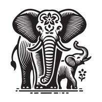 A striking black and white illustration of an elephant, adorned with intricate tribal patterns. vector