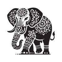 A stylized, black and white graphic design featuring an elephant's head surrounded by various floral and symbolic elements, including flowers, leaves, and a pyramid. vector
