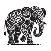 A bold, black and white silhouette of an elephant, intricately decorated with detailed mandala-style patterns. vector