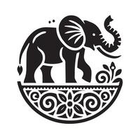 A stylized, black and white silhouette of an elephant, adorned with intricate floral and paisley patterns in an Indian decorative style. vector