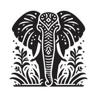 black and white silhouette of an elephant, adorned with intricate, decorative patterns reminiscent of Indian henna or paisley. vector