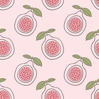 Passion fruit pattern pink color, summer vibes, with leaves, stylized contour drawing. vector