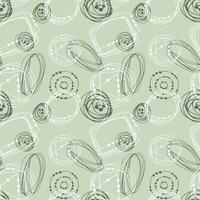 Green doodle pattern. Childrens drawing. Hand draws calligraphic curls, figures, circles with dots. Doodle beige background. vector