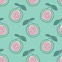 Passion fruit pattern in pastel pink and green color, summer vibes, with leaves, stylized contour drawing. vector
