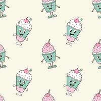 Pattern with cartoon ice cream with berries, in kawaii style, on light beige background. vector