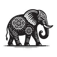 black and white silhouette of an elephant, featuring intricate decorative patterns and floral motifs on its body and head. vector