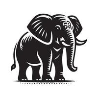 A bold, black and white silhouette of an elephant standing confidently on a surfboard. vector