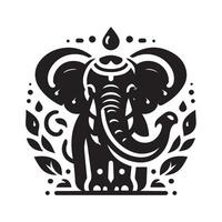 black and white graphic of an elephant with intricate, decorative patterns resembling tribal or floral designs covering its body and wings. vector