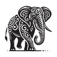 A stylized, black and white graphic of an elephant with intricate, decorative patterns resembling tribal or floral designs covering its body and wings. vector