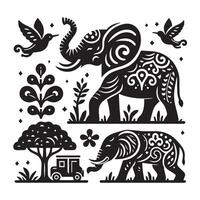 A stylized, black and white silhouette of an elephant, featuring intricate decorative patterns and floral motifs on its body and head. vector